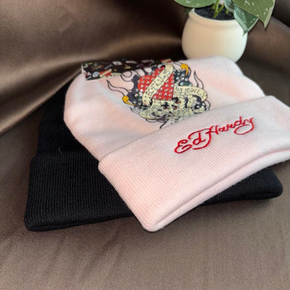 Ed hardy pink and black beanie set new